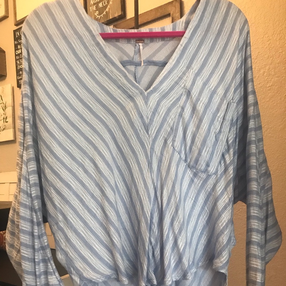 Free People Stripped Blue Blouse/Top - Picture 7 of 7